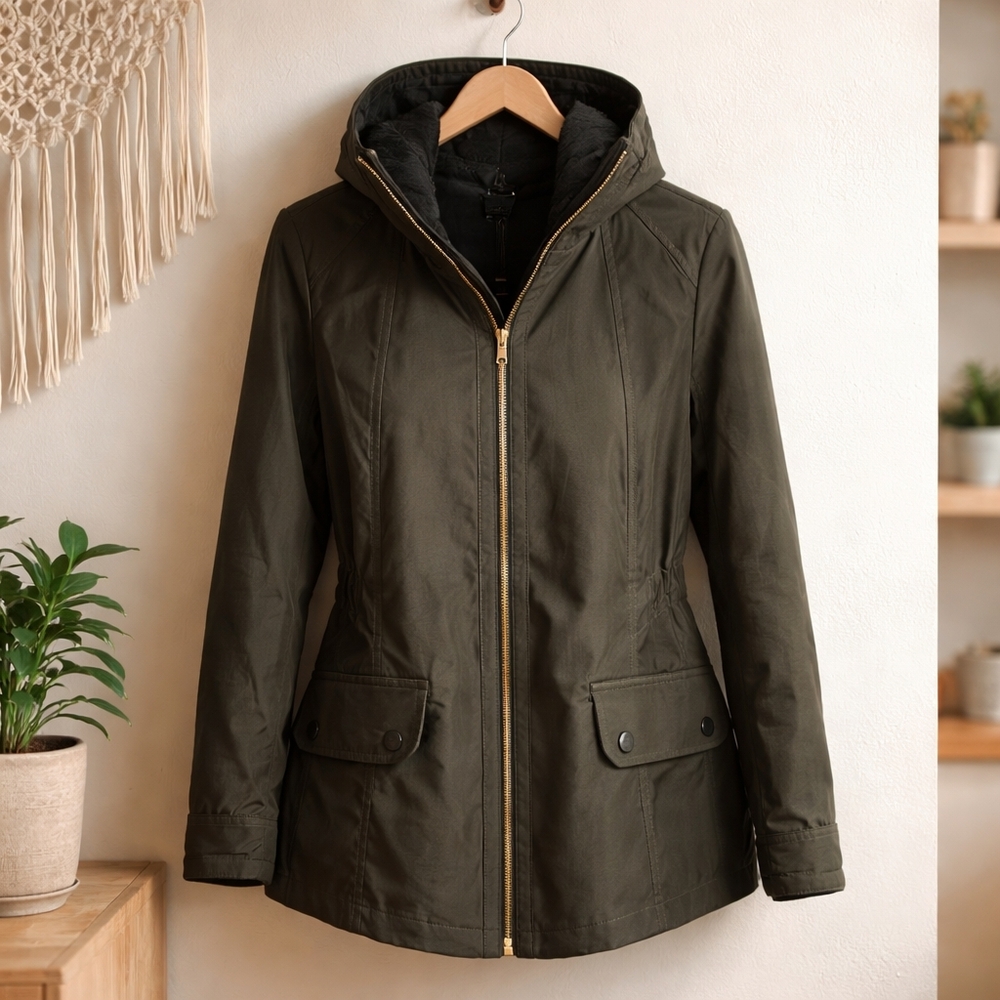 Michael Kors Dark Green And Black Pleated Hoodie Zip Jacket Womens